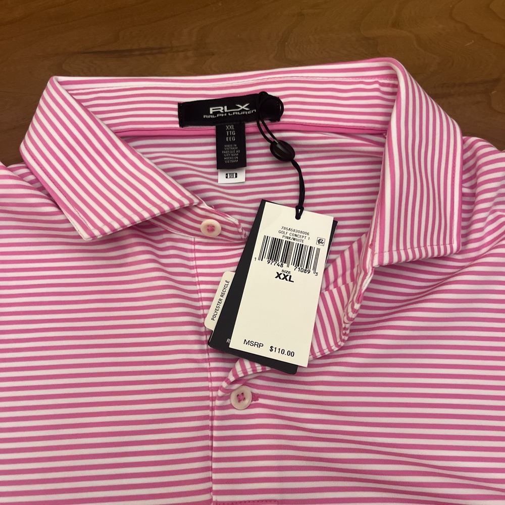 RLX Ralph Lauren Polo Shirt Mens XXL Pink Striped Golf Performance Stretch NEW